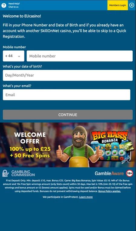 EU Casino registration first step on mobile