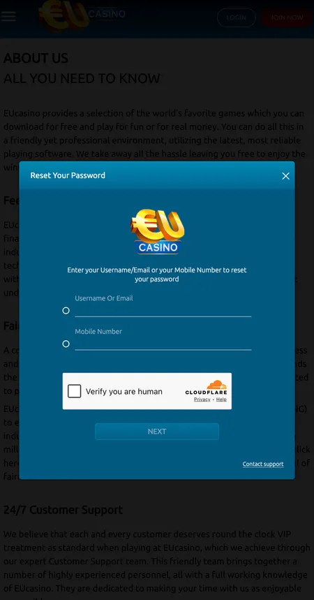 EU Casino password reset screen